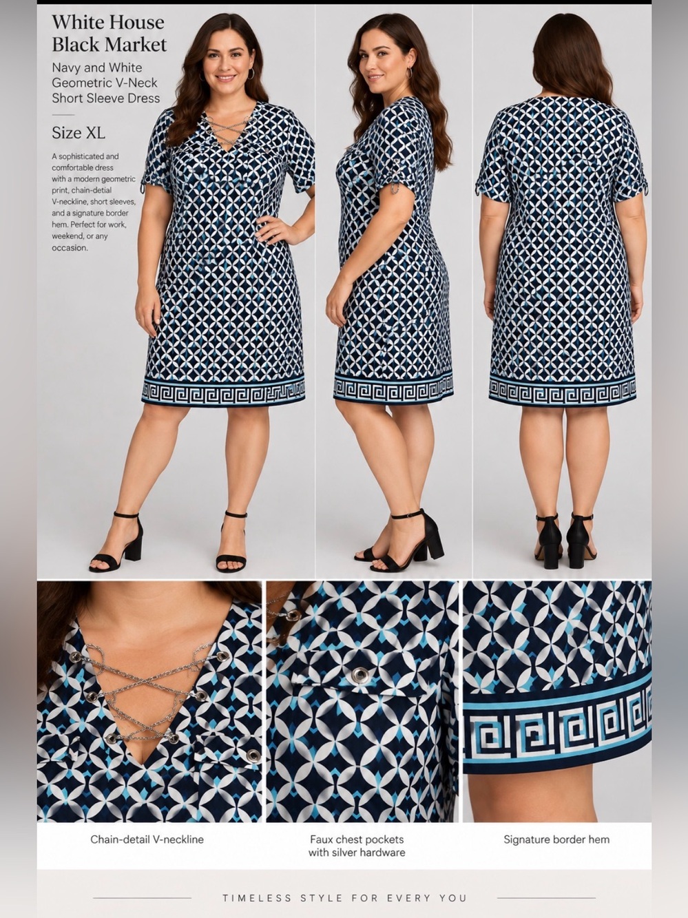 White House Black Market Navy and White Geometric V-Neck Short Sleeve Dress